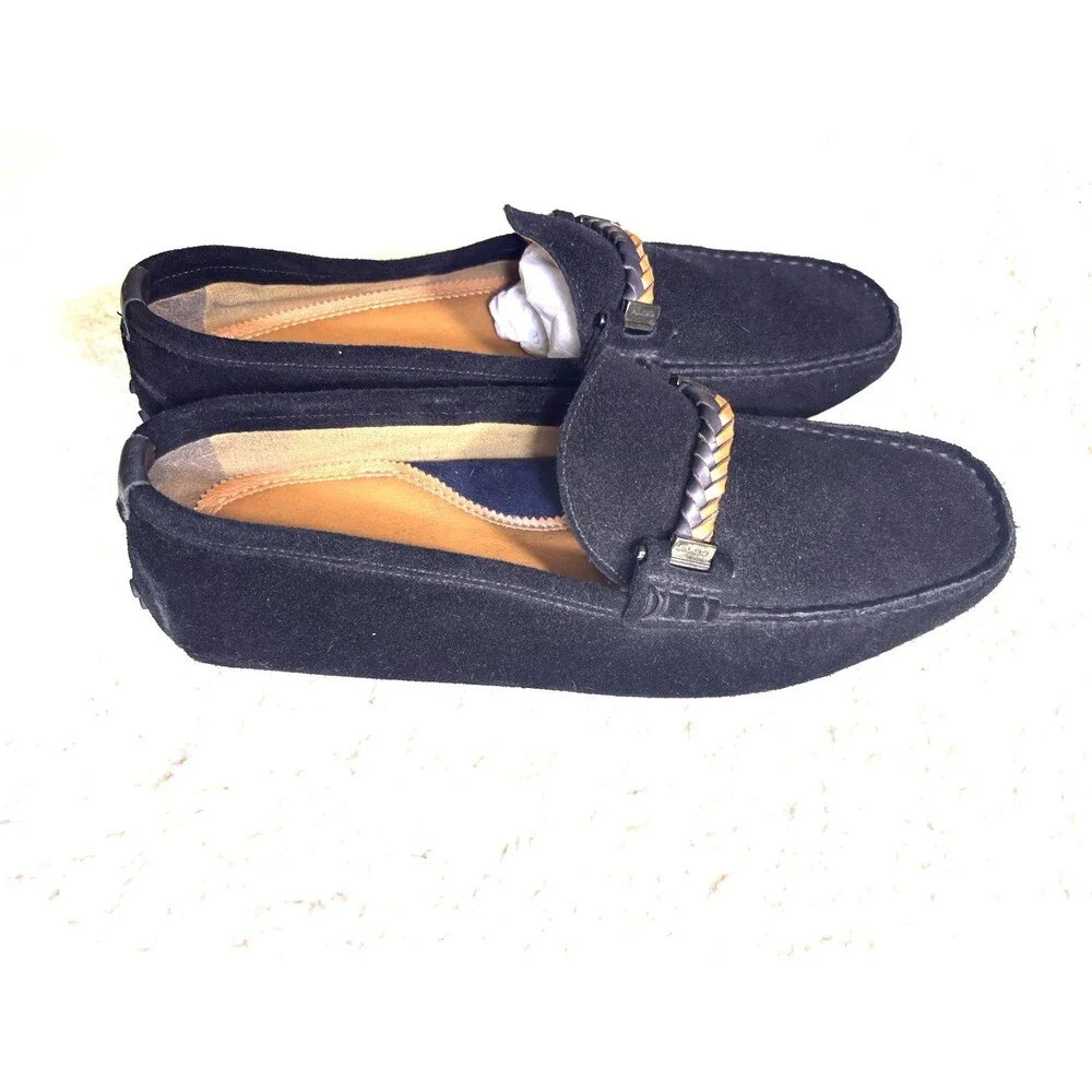 Aldo Size 10.5 Mens Suede Black Leather Braided Loafer Slide On Shoes - EUC
